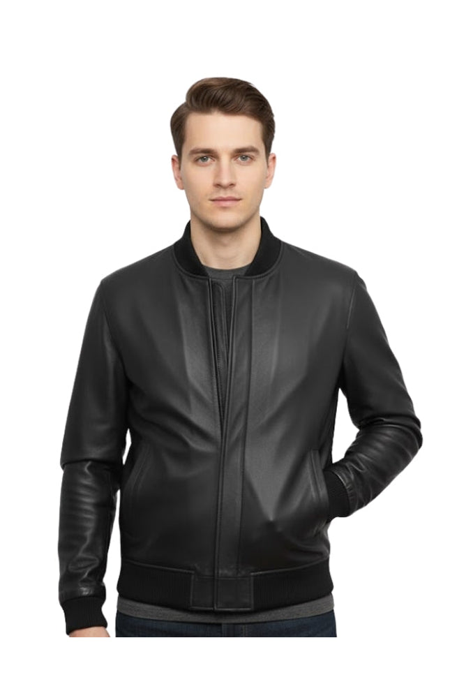 Man wearing a black leather jacket on a white background