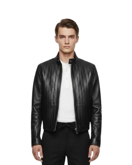 Man wearing a black leather jacket on a white background