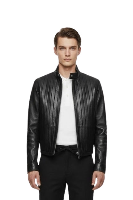 Man wearing a black leather jacket on a white background