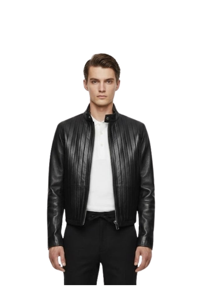 Man wearing a black leather jacket on a white background