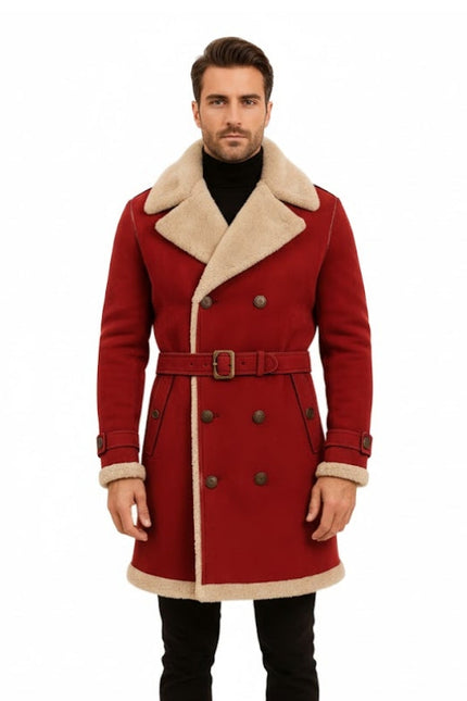 Man wearing a red coat with beige collar and belt on a white background