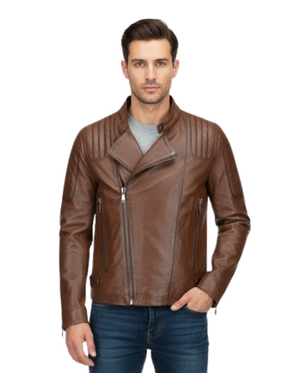 Man wearing a brown leather jacket on a white background