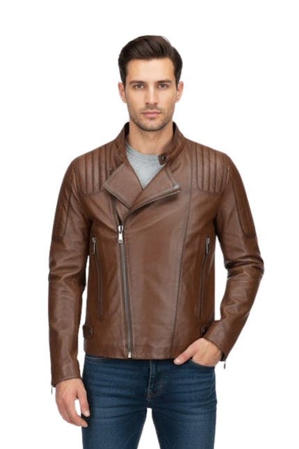 Man wearing a brown leather jacket on a white background