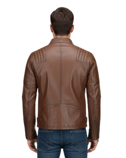 Brown leather jacket worn by a person on a white background