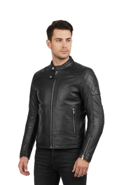 Man wearing a black leather jacket on a white background