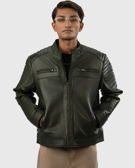 Man wearing a Green leather jacket on a white background