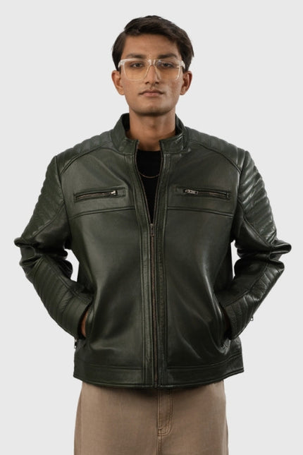 Man wearing a Green leather jacket on a white background