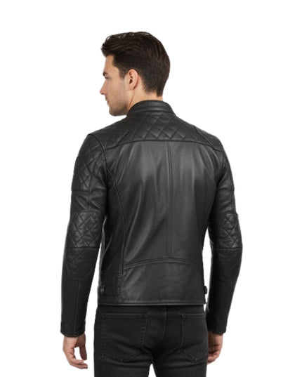 Man wearing a black leather jacket on a white background
