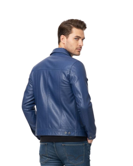 Man wearing a blue leather jacket on a white background
