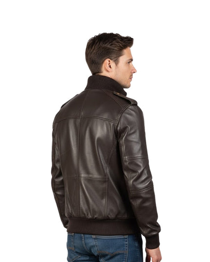 Men's Real Sheepskin High Neck Zipper Pocket Quilted Brown Bomber Leather Jacket