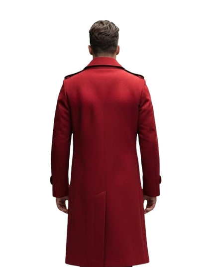 Red coat worn by a person on a white background