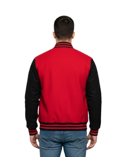 Red and black varsity jacket worn by a person on a white background