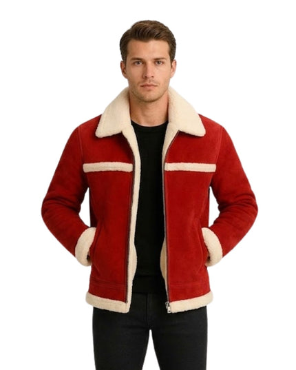 Man wearing a red jacket with white trim on a white background