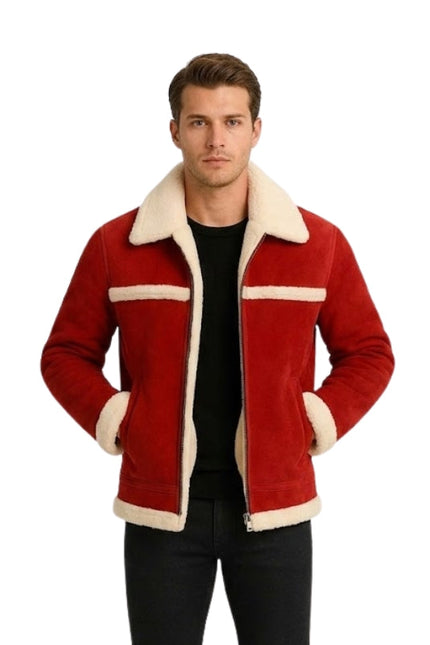 Man wearing a red jacket with white trim on a white background