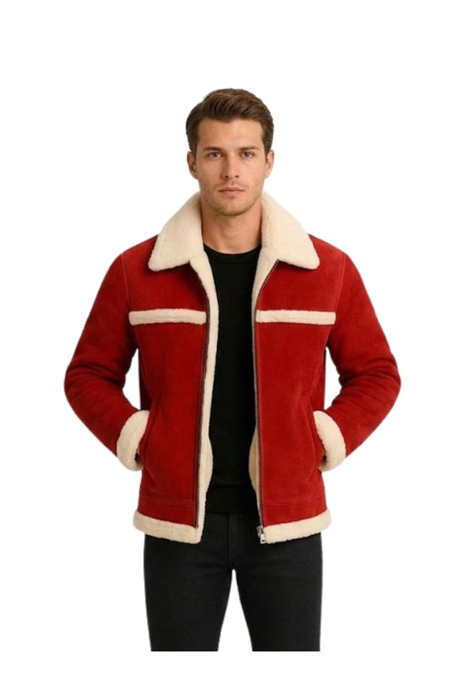 Man wearing a red jacket with white trim on a white background