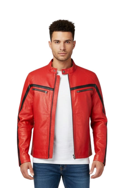 Man wearing a red leather jacket with black accents on a white background