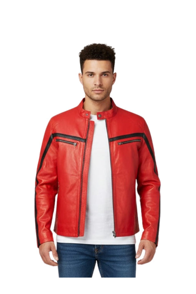 Man wearing a red leather jacket with black accents on a white background