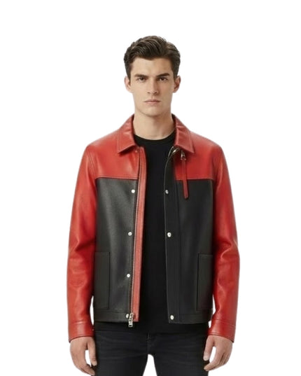 Man wearing a red and black leather jacket on a white background