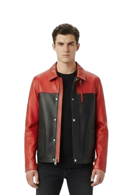 Man wearing a red and black leather jacket on a white background
