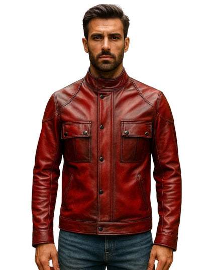 Man wearing a red leather jacket on a white background