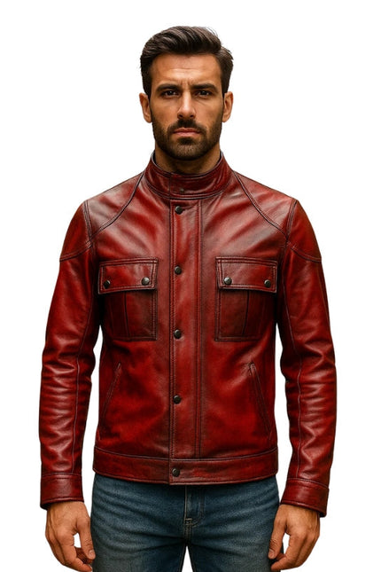 Man wearing a red leather jacket on a white background