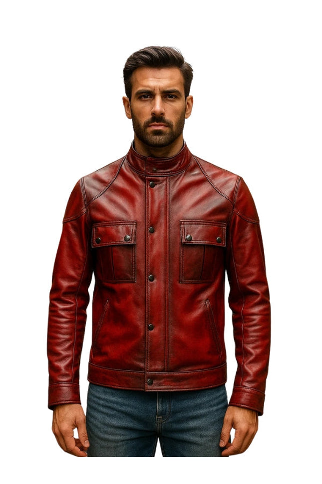 Man wearing a red leather jacket on a white background