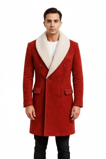 Man wearing a red coat with a white collar on a white background