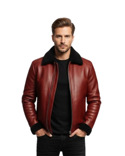 Men’s Red Cowhide Leather Bomber Aviator Jacket