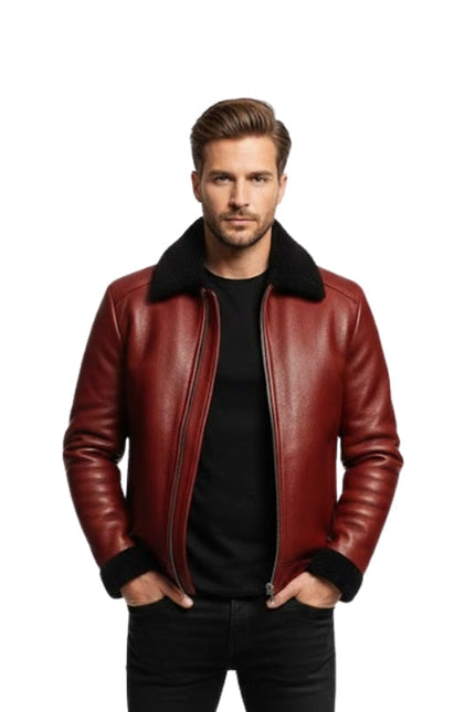 Men’s Red Cowhide Leather Bomber Aviator Jacket