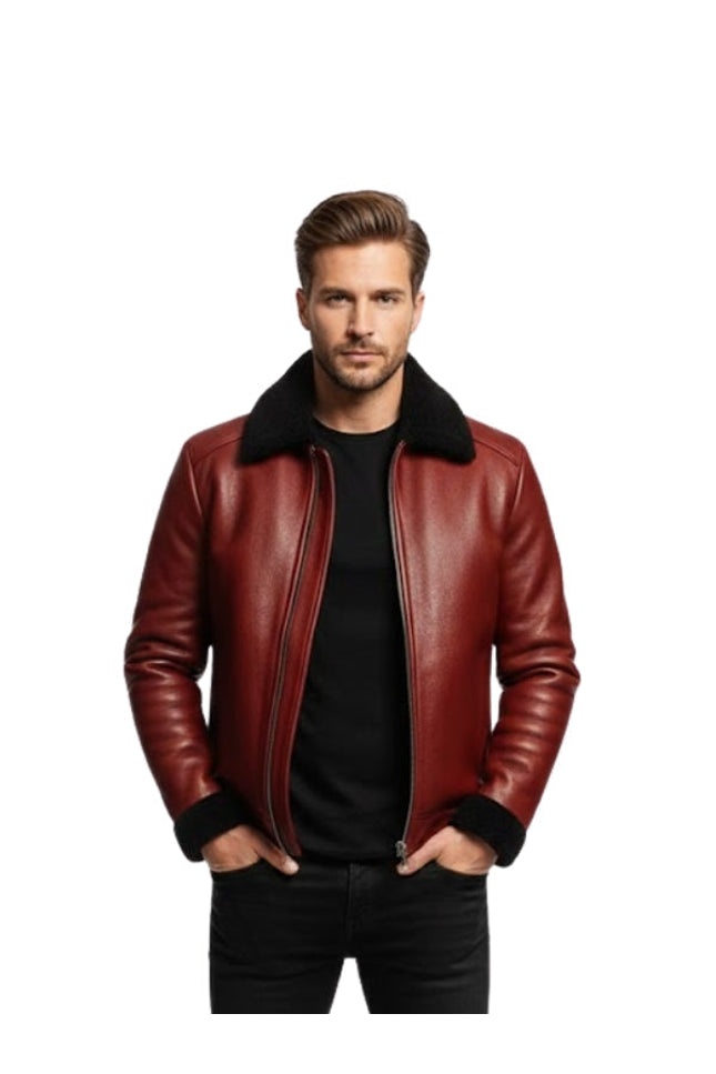 Men’s Red Cowhide Leather Bomber Aviator Jacket