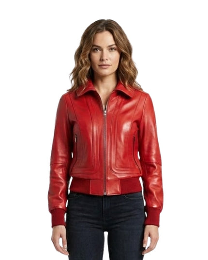 Woman wearing a red leather jacket on a white background