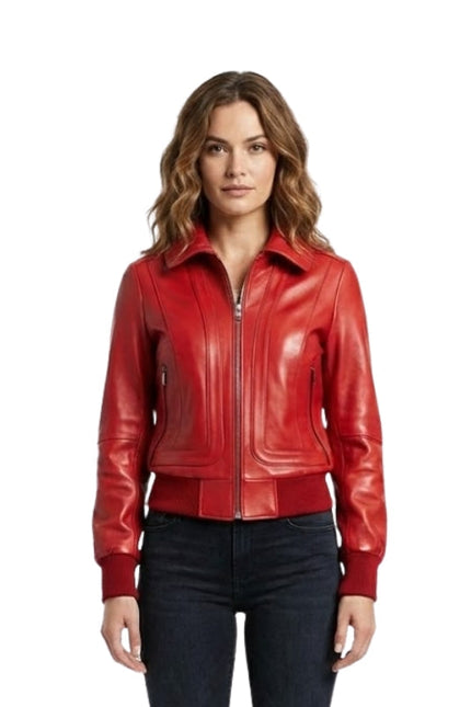 Woman wearing a red leather jacket on a white background