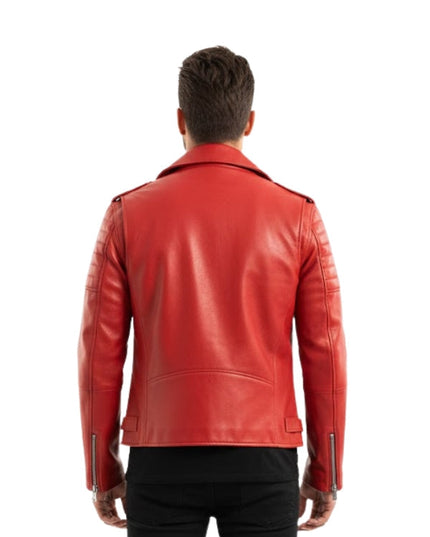 Red leather jacket worn by a person on a white background