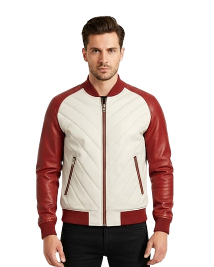 Man wearing a red and white quilted jacket on a white background