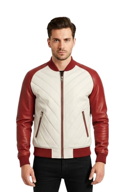 Man wearing a red and white quilted jacket on a white background