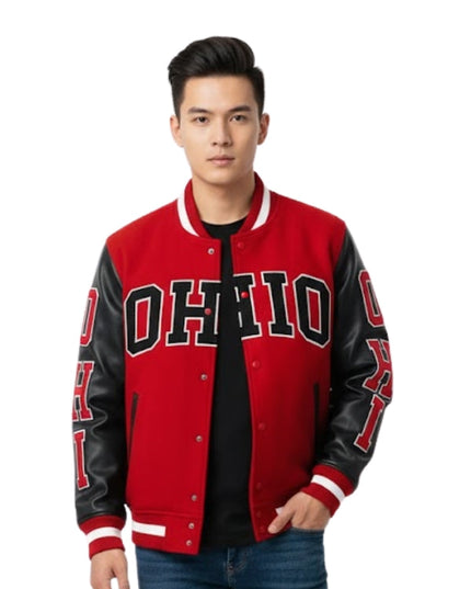 Person wearing a red and black 'OHIO' letterman jacket on a white background