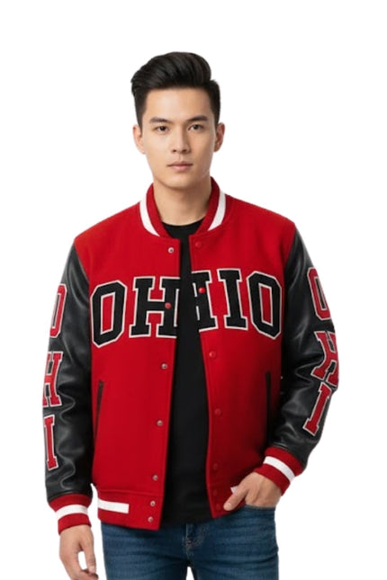 Person wearing a red and black 'OHIO' letterman jacket on a white background
