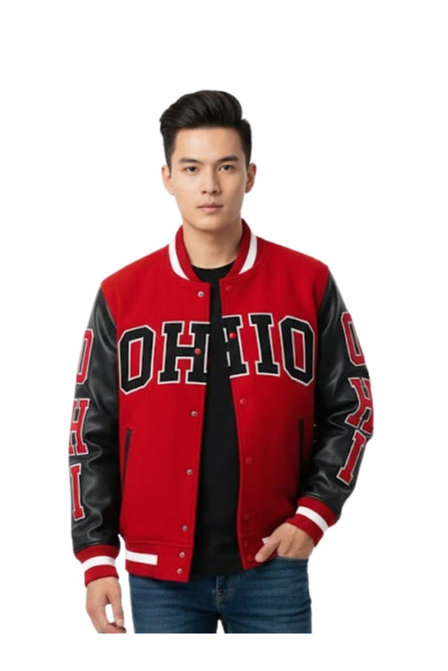 Person wearing a red and black 'OHIO' letterman jacket on a white background