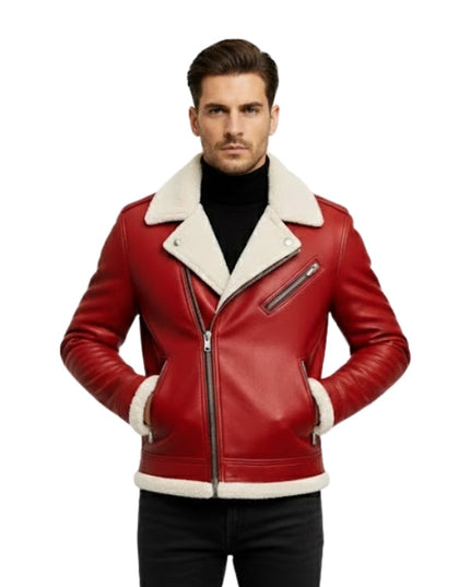 Men's Red Shearling Collar Leather Biker Jacket