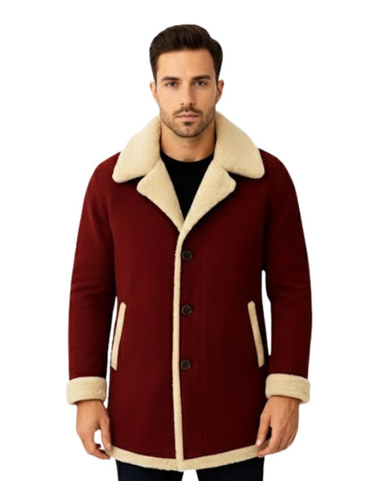 Man wearing a red coat with beige fur lining on a white background