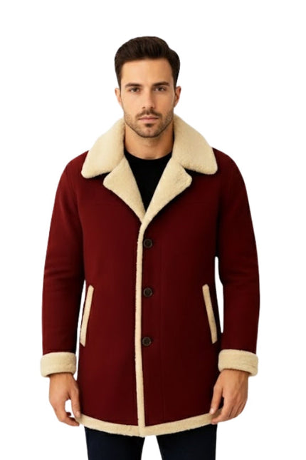 Man wearing a red coat with beige fur lining on a white background