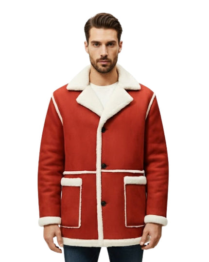 Man wearing a red shearling coat with white trim on a white background