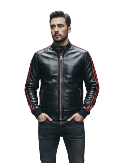 Man wearing a black leather jacket with red stripes on a white background