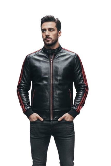 Man wearing a black leather jacket with red stripes on a white background
