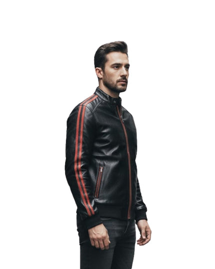 Men's Red Striped Slim Fit Black Café Racer Moto Bomber Motorcycle Jacket