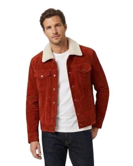 Man wearing a red jacket with a white collar on a white background