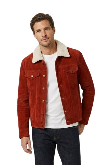 Man wearing a red jacket with a white collar on a white background