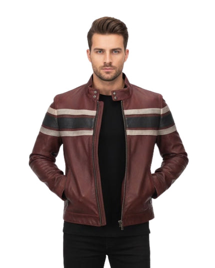 Man wearing a brown leather jacket with striped accents on a white background