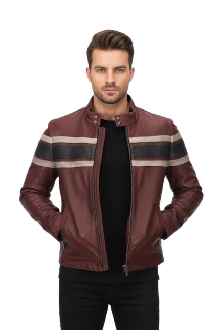 Man wearing a brown leather jacket with striped accents on a white background