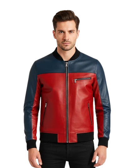 Man wearing a red and blue leather jacket on a white background